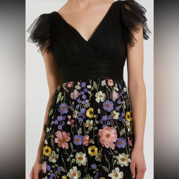 Mac Duggal Black and Multicolor Floral appliqué Midi Dress, US2 - Picture 10 of 16